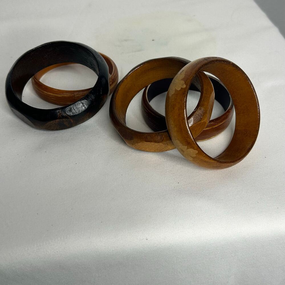 5 Wood Bangle Bracelets Set Brown Black Boho Floral Faceted Stacking Jewelry